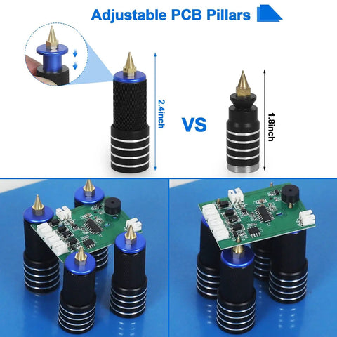 Magnetic Helping Hands Soldering Third Hand Tools with adjustable PCB pillars showing size comparison and circuit board support