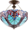 Green Liaison Tiffany Style Stained Glass Ceiling Light Fixture Semi Flush Mount Lamp With 16 Inch Shade And 15 Inch Height Antique Green Bronze Finish Hardwired 20 Inch Cord Pro Install Recommended shown from below with colorful stained glass and antique green bronze finish