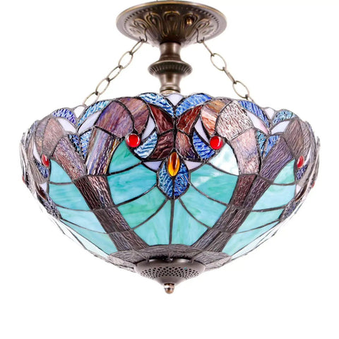 Green Liaison Tiffany Style Stained Glass Ceiling Light Fixture Semi Flush Mount Lamp With 16 Inch Shade And 15 Inch Height Antique Green Bronze Finish Hardwired 20 Inch Cord Pro Install Recommended shown from below with colorful stained glass and antique green bronze finish