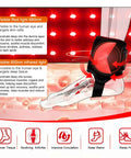 Cordless Red Light Therapy Ankle Massager Wrap With 660nm Red And 850nm Infrared Lights in use on ankle with labeled benefits.