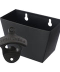 Heavy Wall Mounted Beer Bottle Opener With Slick Stainless Steel Cap Catcher Bucket Rustproof Black Cast Iron Finish Keeps The Man Cave Clean And Looking Fresh mounted with cap catcher.