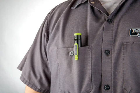 Rechargeable Inspection Pen Light With 450 Lumen Flood And 140 Lumen Spot on pocket with swiveling magnetic clip