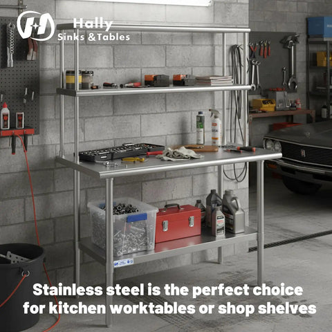 Double Overshelf Stainless Steel Shelf 12x72 Inch Two Tier Heavy Duty Storage Rack With Adjustable Upper And Lower Shelves For Kitchen Garage Workshop Bar Restaurant Laundry School in garage
