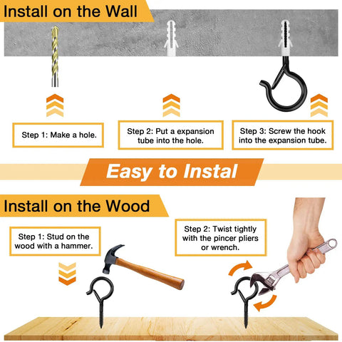 Q-Hanger Screw Hooks For Outdoor String Lights With Safety Buckle installation guide for wall and wood surfaces.