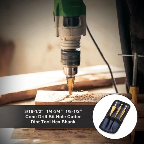 Step Drill Bit Set Three Piece HSS Titanium Coated High Speed Steel Bits in action drilling wood on a workbench