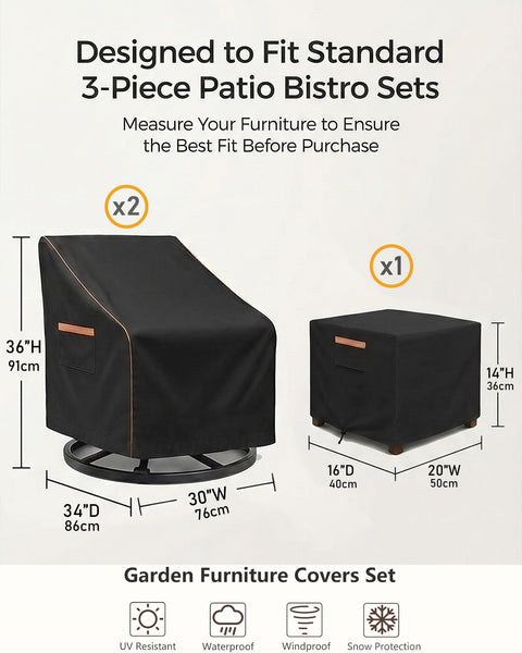 All-Season 3-Piece Patio Bistro Set Cover Waterproof Heavy-Duty 600D UV Resistant for Two Chairs and Side Table dimensions