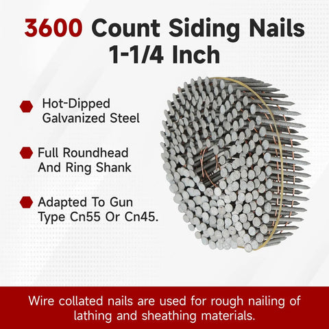 3600 Count Siding Nails One And A Quarter Inch Ring Shank 0.092 Inch Diameter 15 Degree Hot Dipped Galvanized Collated Wire
