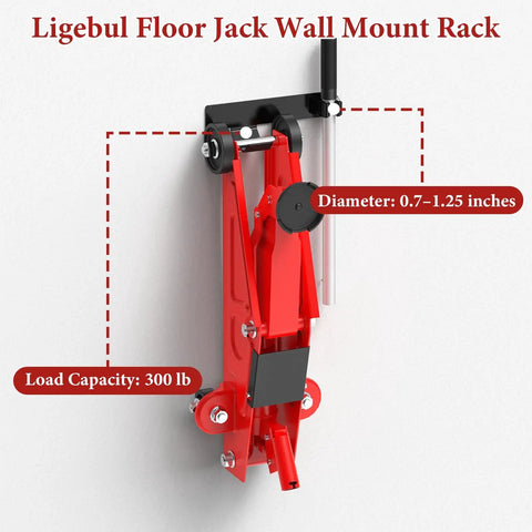 Heavy Duty Floor Jack Wall Mount Rack for Hydraulic Jacks, red steel holder with load capacity annotations on white wall.