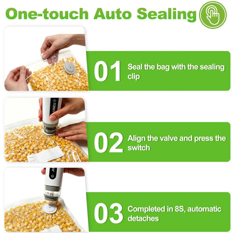 Handheld Vacuum Sealer For Food With 30 Reusable Bags sealing process with corn in bag, step-by-step guide visible