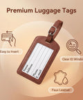 Four Pack No Fuss Needlepoint Luggage Tags Featuring Slick Faux Leather Shell And Crystal Clear ID Window Built To Snugly Cradle Any Finished 2X3 Inch Stitch Canvas For Smooth Road Trip Adventures on a beige background.