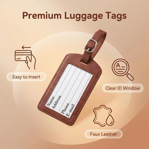 Four Pack No Fuss Needlepoint Luggage Tags Featuring Slick Faux Leather Shell And Crystal Clear ID Window Built To Snugly Cradle Any Finished 2X3 Inch Stitch Canvas For Smooth Road Trip Adventures on a beige background.
