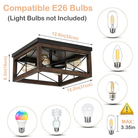 4-Light Farmhouse Flush Mount Ceiling Light With Black Rustic Finish, Wood Accents, E26 Base, Industrial Vintage Ceiling Fixture For Hallway, Entryway, Laundry, Kitchen And Bedroom Perfect For Hallways, Foyers And Other Living Areas For A Retro Vibe