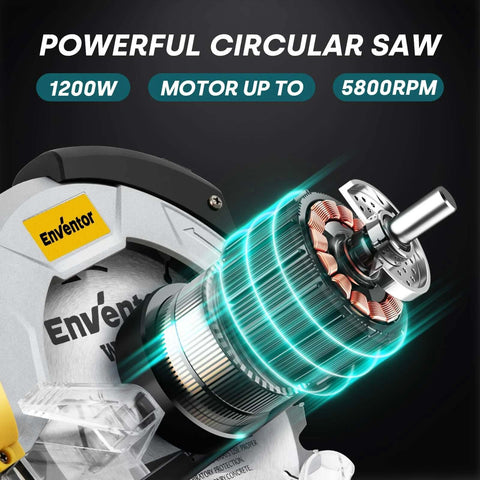 Enventor blue 7-1/4-inch circular saw, front view with visible motor housing and brand label.