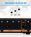 Close-up of switchable DC output showing 9V, 12V, 18V options on Built In 4400mAh Battery Gig Ready Pedalboard Power Supply.