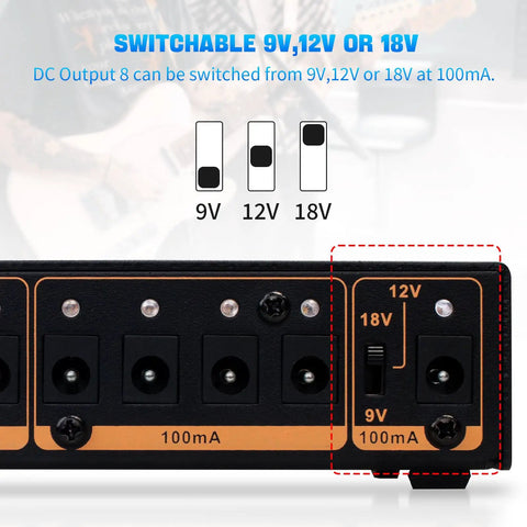 Close-up of switchable DC output showing 9V, 12V, 18V options on Built In 4400mAh Battery Gig Ready Pedalboard Power Supply.