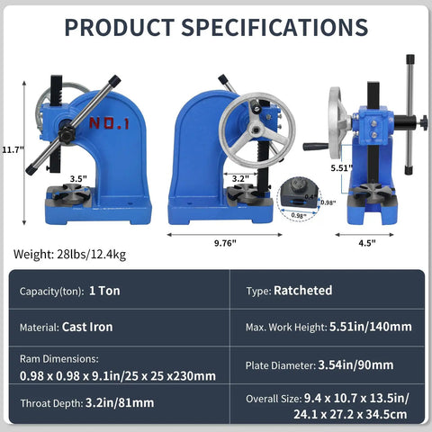 Specifications of 1 Ton Arbor Press With Ratchet Leverage And Handwheel 5.5 Inch Max Height Desktop Punch Press