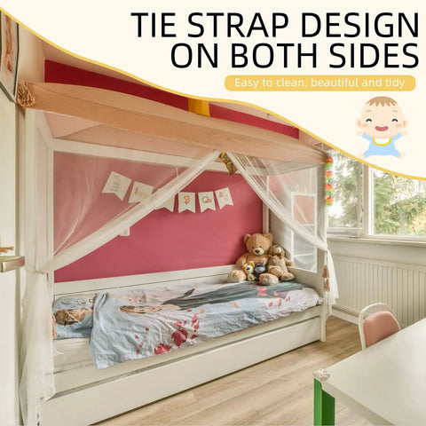 4 Corner Mosquito Net Bed Canopy With 1 Or 4 Openings For Camping, Travel Or Home Use, installed over child’s bed in bedroom