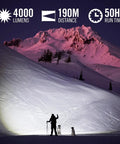 Person and dog illuminated by Beastly Bright 4000 Lumen USB C Rechargeable LED Flashlight With Slide Focus, mountain backdrop