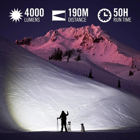 Person and dog illuminated by Beastly Bright 4000 Lumen USB C Rechargeable LED Flashlight With Slide Focus, mountain backdrop