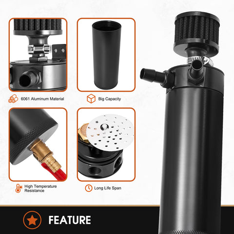 750ml Billet Aluminum 2 Port Baffled Oil Catch Can Kit With Breather Filter And Drain Valve Reservoir Tank features