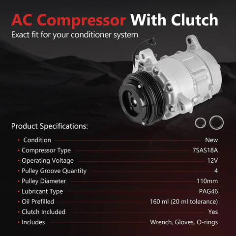Built Like A Tank AC Compressor With Clutch For Chevy Suburban Tahoe GMC Yukon XL Cadillac Escalade 2015 To 2020 5.3L And 6.2L showing specifications.