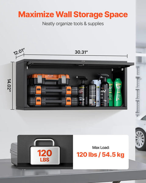 Space Saving Metal Wall Cabinet With Up Flip Door About Thirty Inches Wide Twelve Inches Deep And Fourteen Inches High Heavy Duty Rail Mount Floating Garage Storage 120 Lb Per Shelf For Garage Basement Kitchen Or Warehouse