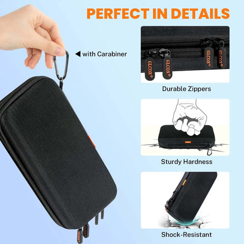 Heavy Duty Double Layer Hard Shell Electronics Organizer Travel Case With Hella Tough Impact Armor, showing carabiner and durable zippers.