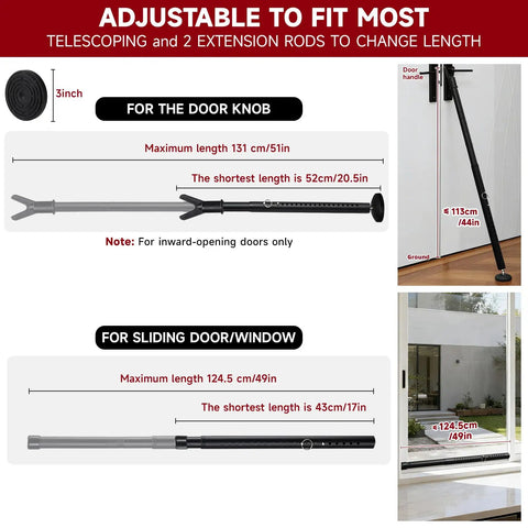 Two Pack Heavy Duty Metal Door Security Bars Adjustable For Hinged And Sliding Glass Doors Non Slip Base. Telescoping design with maximum lengths shown.