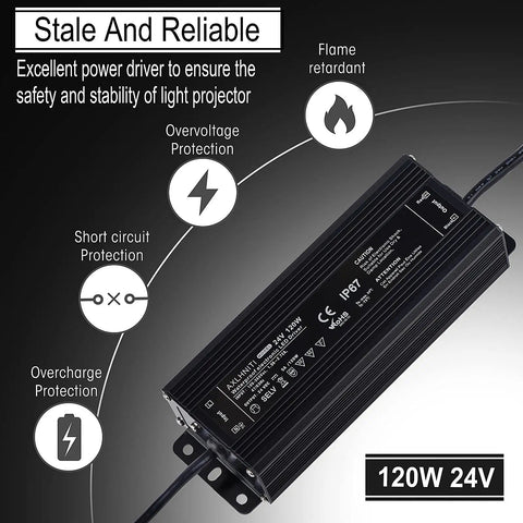 Black IP67 Waterproof LED Driver 120W Power Supply with protection icons and text detailing safety features.