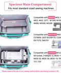 Interior view of rolling sewing machine case with measurements, fits Singer, Brother, and Janome machines, features detachable wheel frame.