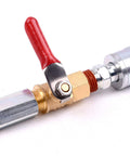 Pro Grade Heavy Duty Brass Ball Valve For Air Compressor Lines 1/4 Inch NPT On Off Shutoff With Red Lever, attached fittings visible