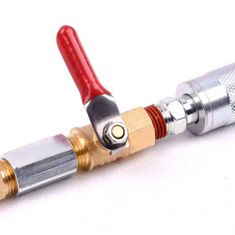 Pro Grade Heavy Duty Brass Ball Valve For Air Compressor Lines 1/4 Inch NPT On Off Shutoff With Red Lever, attached fittings visible