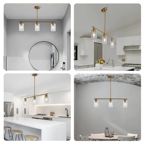 3 Light Kitchen Island Pendant Light Set for Farmhouse Vibe Dining Area with Clear Glass Shades in Brushed Brass, installed in modern kitchens