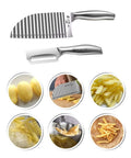 Amazon stainless steel crinkle cutter with a wavy blade and matching peeler; kitchen gadget for fries and vegetables.