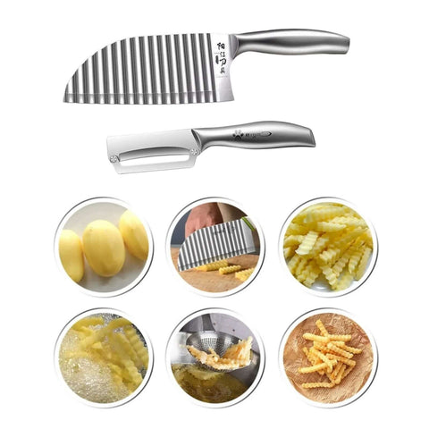 Amazon stainless steel crinkle cutter with a wavy blade and matching peeler; kitchen gadget for fries and vegetables.