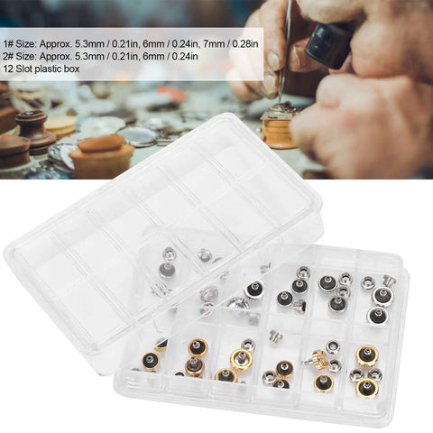 Pro Grade Watch Crown Kit with copper and stainless steel crowns in 12-slot box, sizes 5.3mm, 6.0mm, 7.0mm, for DIY and professional repair
