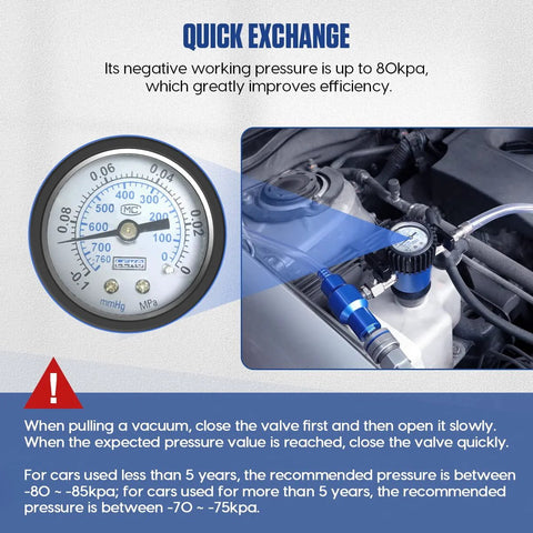 MR CARTOOL coolant vacuum refill tool kit with pressure gauge and blue adapters; gauge close-up and engine bay installation.