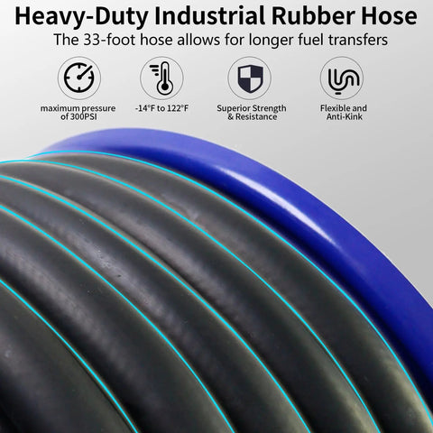 Auto Rewind Fuel Hose Reel Three Quarters Inch By Thirty-Three Feet With Diesel Nozzle And Swivel, Heavy Duty Steel Construction