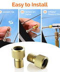 Brass Presta Valve Adapters Kit 4 Pack With 8 Caps Converts Presta To Schrader For Easy Inflation With Standard Pumps Or Air Compressors For Bike Tires shown in installation steps.