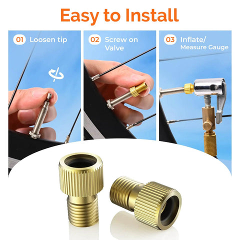 Brass Presta Valve Adapters Kit 4 Pack With 8 Caps Converts Presta To Schrader For Easy Inflation With Standard Pumps Or Air Compressors For Bike Tires shown in installation steps.