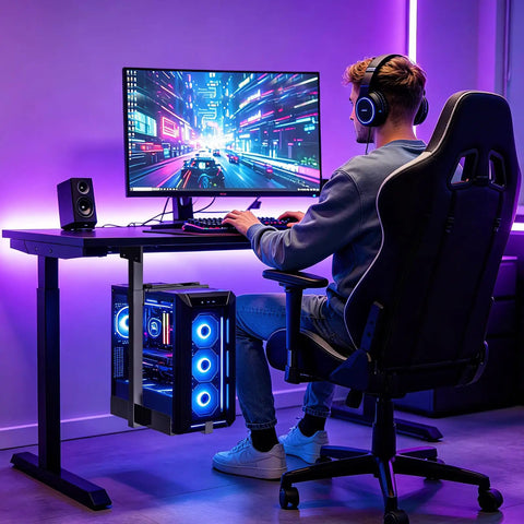 Dead Easy Under Desk PC Holder And Wall Mount Computer Tower Stand With 77 Lb Capacity Adjustable Height used with a gaming setup.
