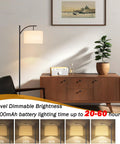 Go Anywhere Cordless Battery Powered Floor Lamp With Remote Control, dimmable light with linen shade in living room scene.