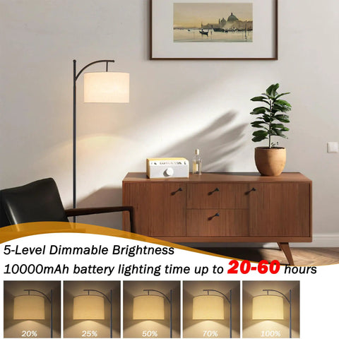 Go Anywhere Cordless Battery Powered Floor Lamp With Remote Control, dimmable light with linen shade in living room scene.