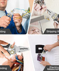 8 In 1 Wire Stripper And Cutter With Voltage Tester and Dual Alarms in use for cutting, stripping, winding wires, and electrical measurement.