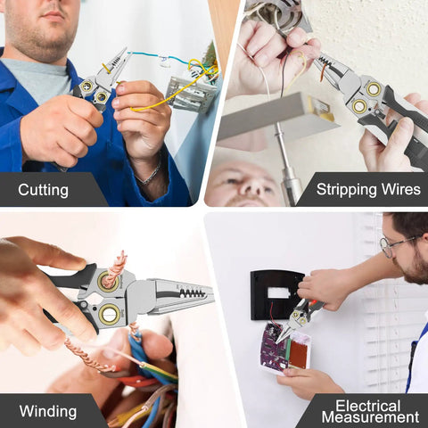 8 In 1 Wire Stripper And Cutter With Voltage Tester and Dual Alarms in use for cutting, stripping, winding wires, and electrical measurement.