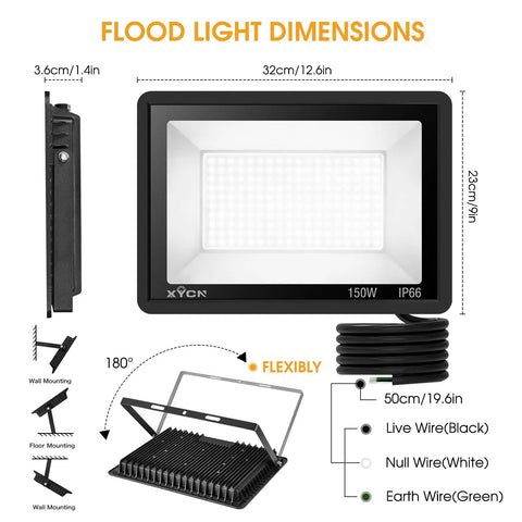 Two Pack 150W LED Flood Lights Outdoor, 15,500 Lumen IP66 Waterproof Floodlight dimensions and wire details