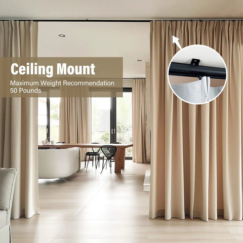 Heavy Duty Ceiling Curtain Track System With Wall Mount And Hooks Durable Aluminum Track Rods For Curtains Or Room Dividers Quiet Smooth Pulleys Waterproof And Rust Resistant Black Finish Fits 3 To 18 Feet installed with beige curtains
