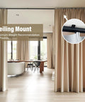 Heavy Duty Ceiling Curtain Track System With Wall Mount And Ceiling Mount No Sag 15 Feet Black Aluminum Track For Curtains And Room Dividers Includes Hooks Smooth Quiet Glide Pulleys Durable And Rust Resistant, ceiling-mounted with beige curtains