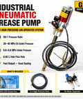 Beefed Up Heavy Duty Fifty To One Air Operated Grease Pump With Sixteen Foot Hose For Twenty To Fifty Five Gallon Pails Industrial Pneumatic Grease Gun For Workshops And Construction Speedy Output GZ 740S product display with features and accessories