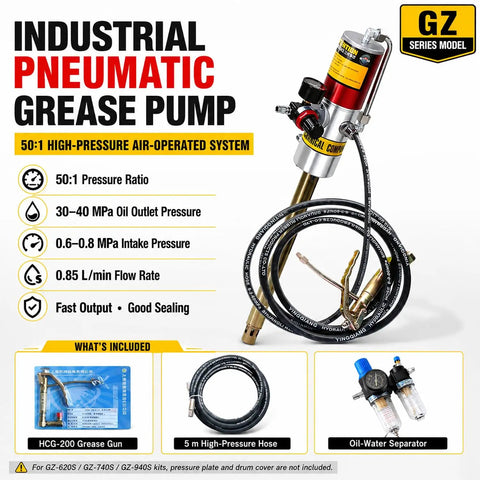 Beefed Up Heavy Duty Fifty To One Air Operated Grease Pump With Sixteen Foot Hose For Twenty To Fifty Five Gallon Pails Industrial Pneumatic Grease Gun For Workshops And Construction Speedy Output GZ 740S product display with features and accessories